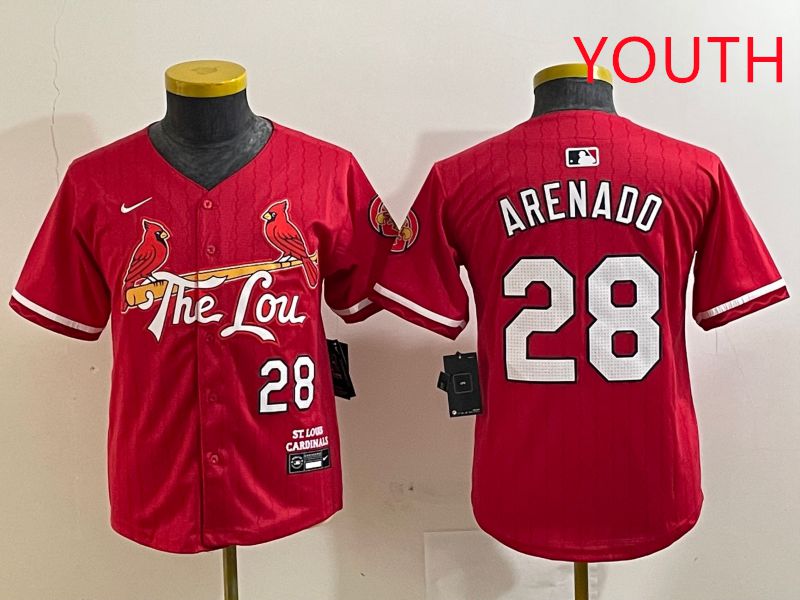 Youth St.Louis Cardinals 28 Arenado Red City Edition 2025 Nike MLB Jersey style 1